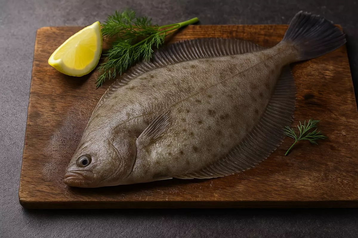 frische ganze Seezunge auf Holzbrett mit Zitrone