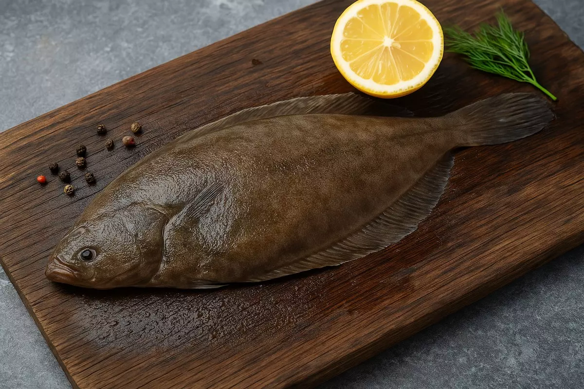 frische Scholle auf Holzbrett mit Zitrone und Pfeffer