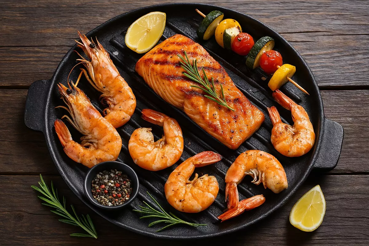 Gegrilltes Lachsfilet und Garnelen auf Grillplatte mit Gemüs