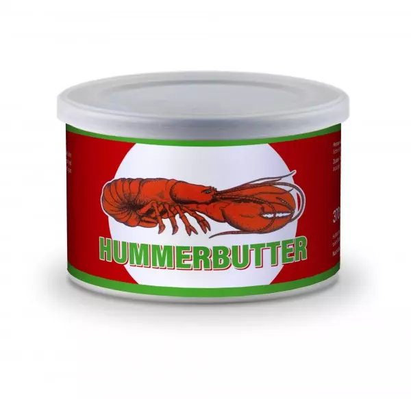 Dose Hummerbutter mit rotem Hummer auf Etikett
