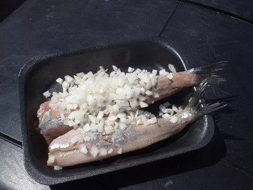 Zwei Matjesfilets mit gehackten Zwiebeln in Schale