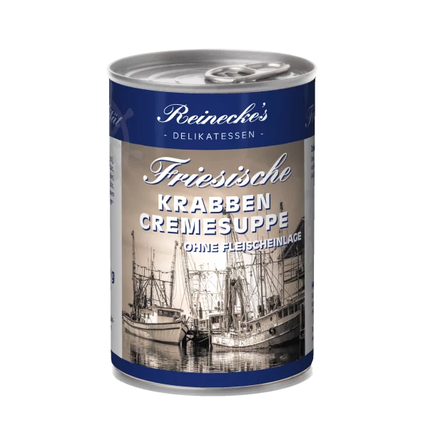 Dose mit friesischer Krabben Cremesuppe, maritimes Etikett