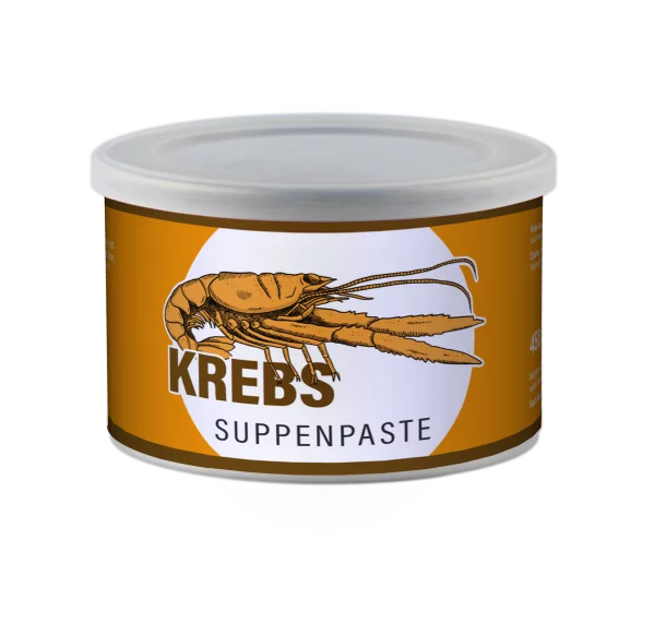 Dose mit Krebs Suppenpaste auf weißem Hintergrund