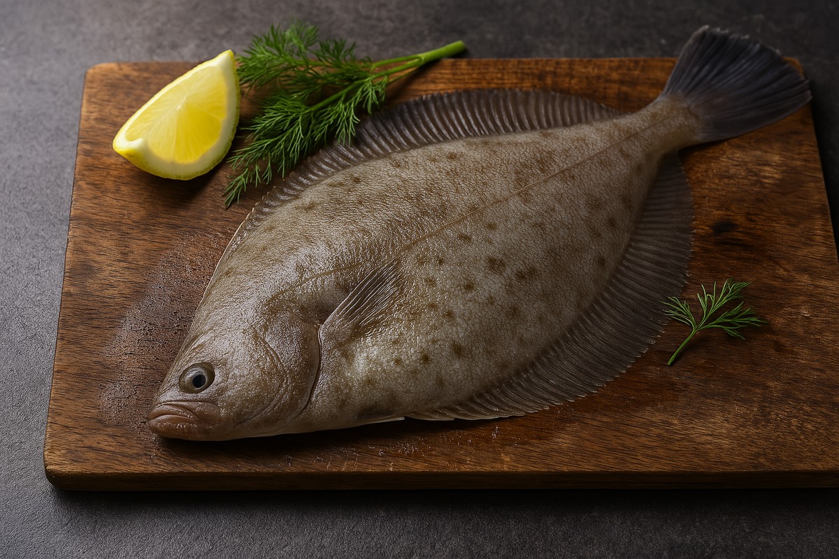 Frischer Plattfisch auf Holzbrett mit Zitrone und Dill Ein ganzer Plattfisch liegt auf einem Holzbrett, dekoriert mit einem Zitronenstück und frischem Dill.