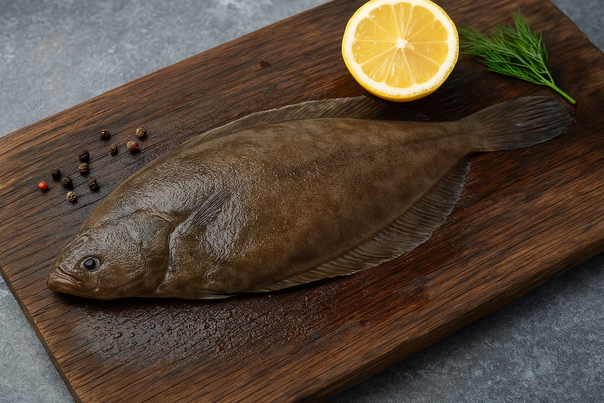 Frischer Fisch auf Schneidebrett mit Zitrone und Kräutern Ein frischer Fisch liegt auf einem hölzernen Schneidebrett, umgeben von einer halben Zitrone, Pfefferkörnern und einem frischen Kräuterzweig.