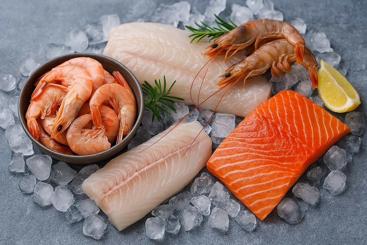 Frische Meeresfrüchte auf Eis: Lachs, Kabeljau und Garnelen präsentiert mit Zitrone Frische Meeresfrüchte auf Eis, einschließlich Lachs, Kabeljaufilets und Garnelen, mit einem Stück Zitrone
