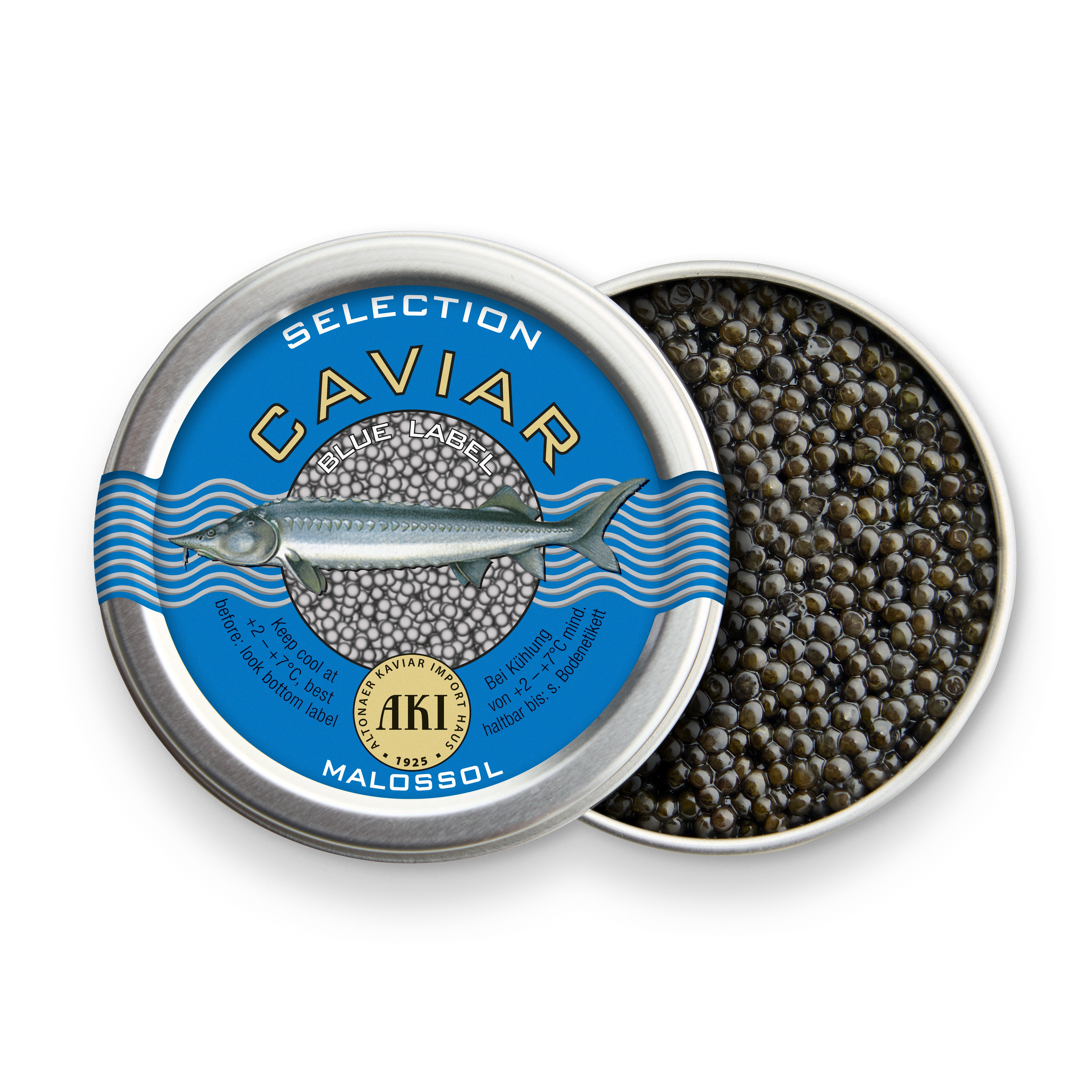 Premium Caviar Blue Label in geöffneter Dose Geöffnete Dose mit Premium-Caviar Blue Label, Malossol-Qualität