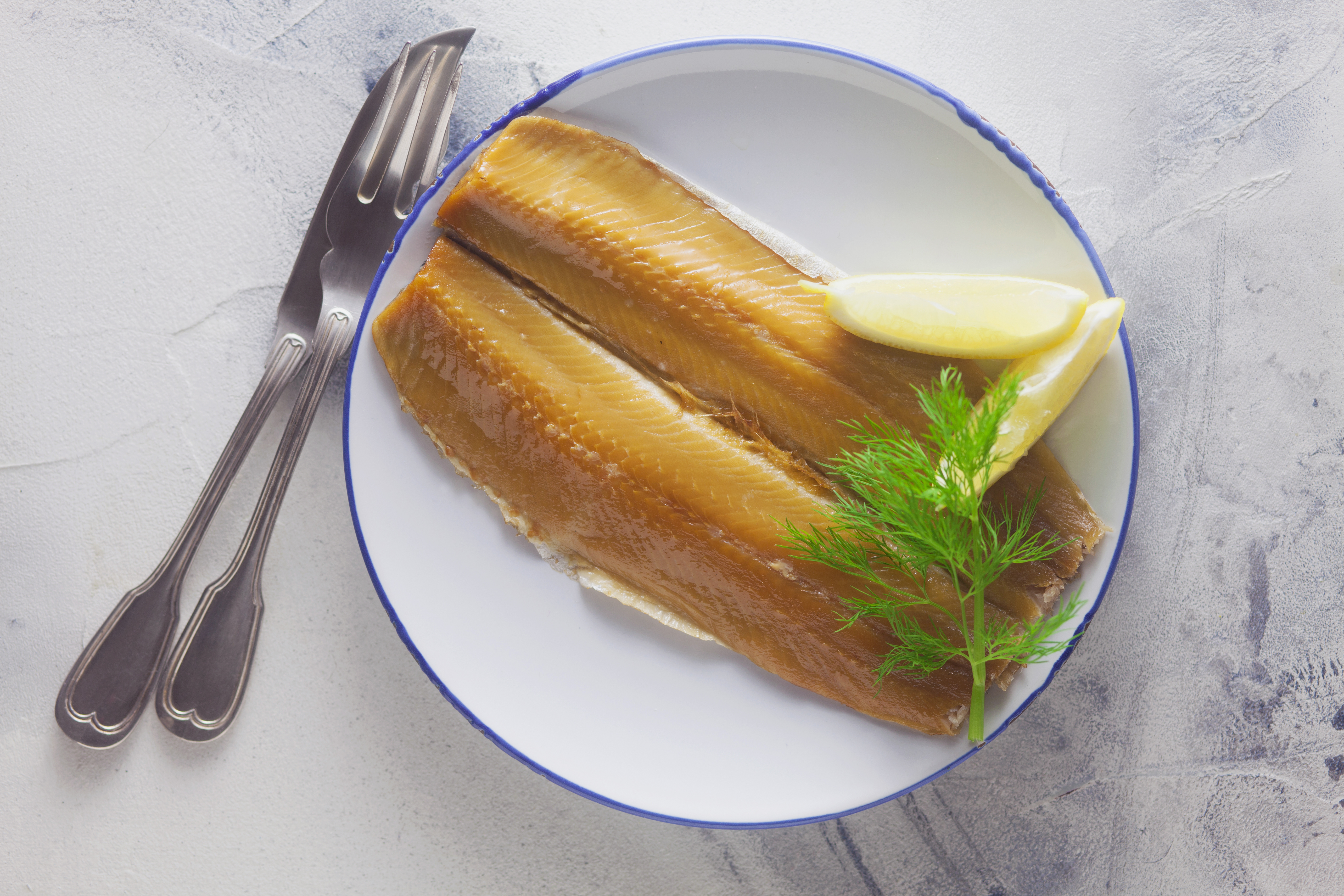 Frisches Räucherfischfilet mit Zitrone und Dill auf Teller Zwei Räucherfischfilets auf einem Teller mit Zitronenspalte und Dill, daneben ein Messer und eine Gabel auf hellem Untergrund
