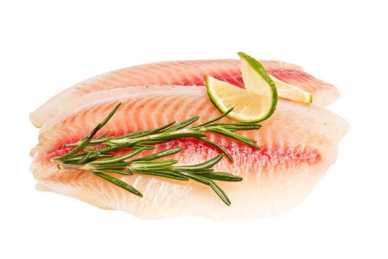 Frische Fischfilets mit Rosmarin und Limettenscheiben Zwei Fischfilets garniert mit frischem Rosmarin und Limettenscheiben auf weißem Hintergrund