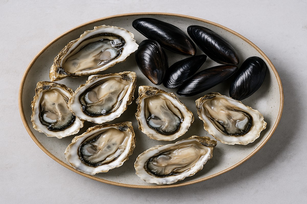 Geöffnete Austern und Miesmuscheln auf einem Teller serviert