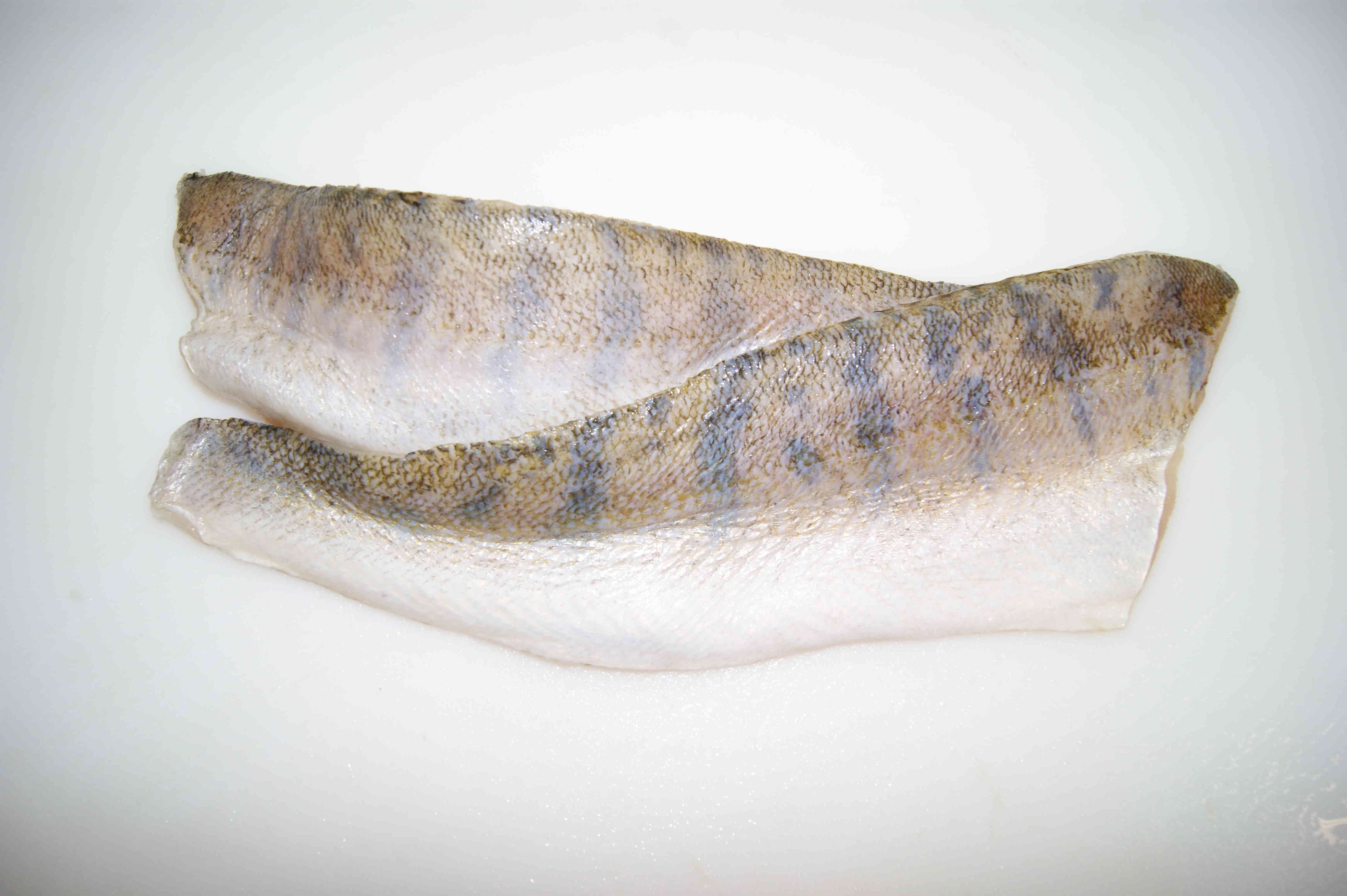 Zwei rohe Fischfilets, übereinandergelegt, auf weißem Hintergrund