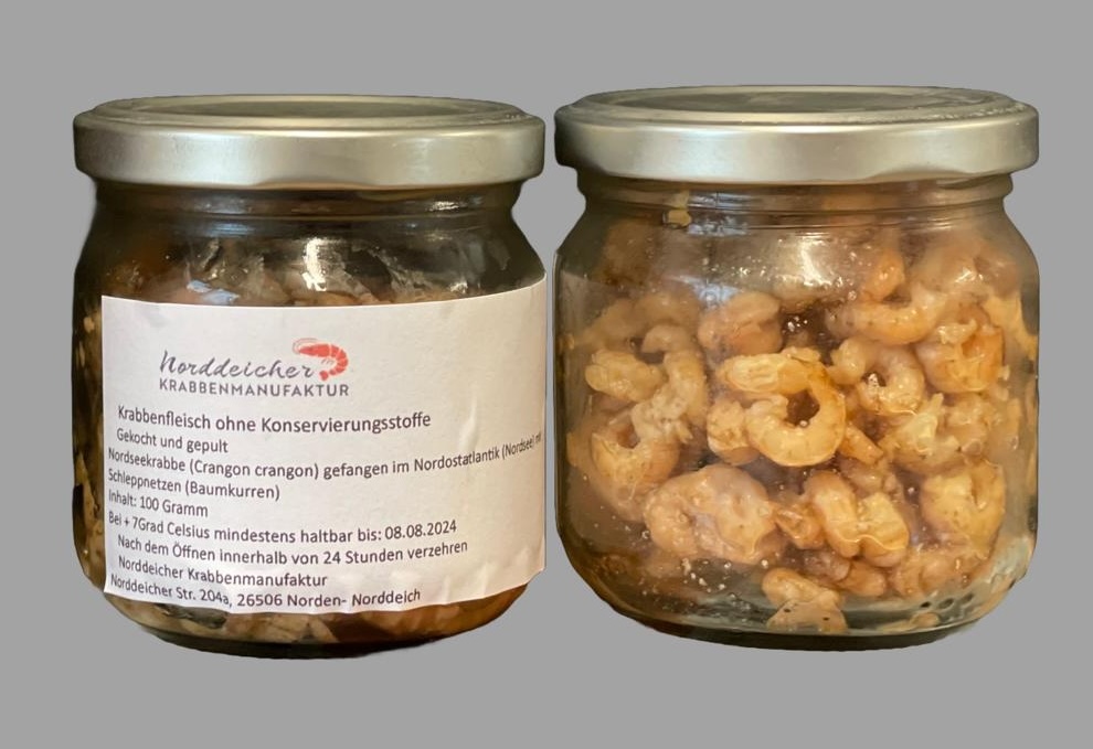 Nordseekrabbenfleisch ohne Zusatzstoffe, handgeschält in Ostfriesland, frisch, 100g pro Glas Nordseekrabbenfleisch ohne Zusatzstoffe, handgeschält in Ostfriesland, frisch, 100g pro Glas